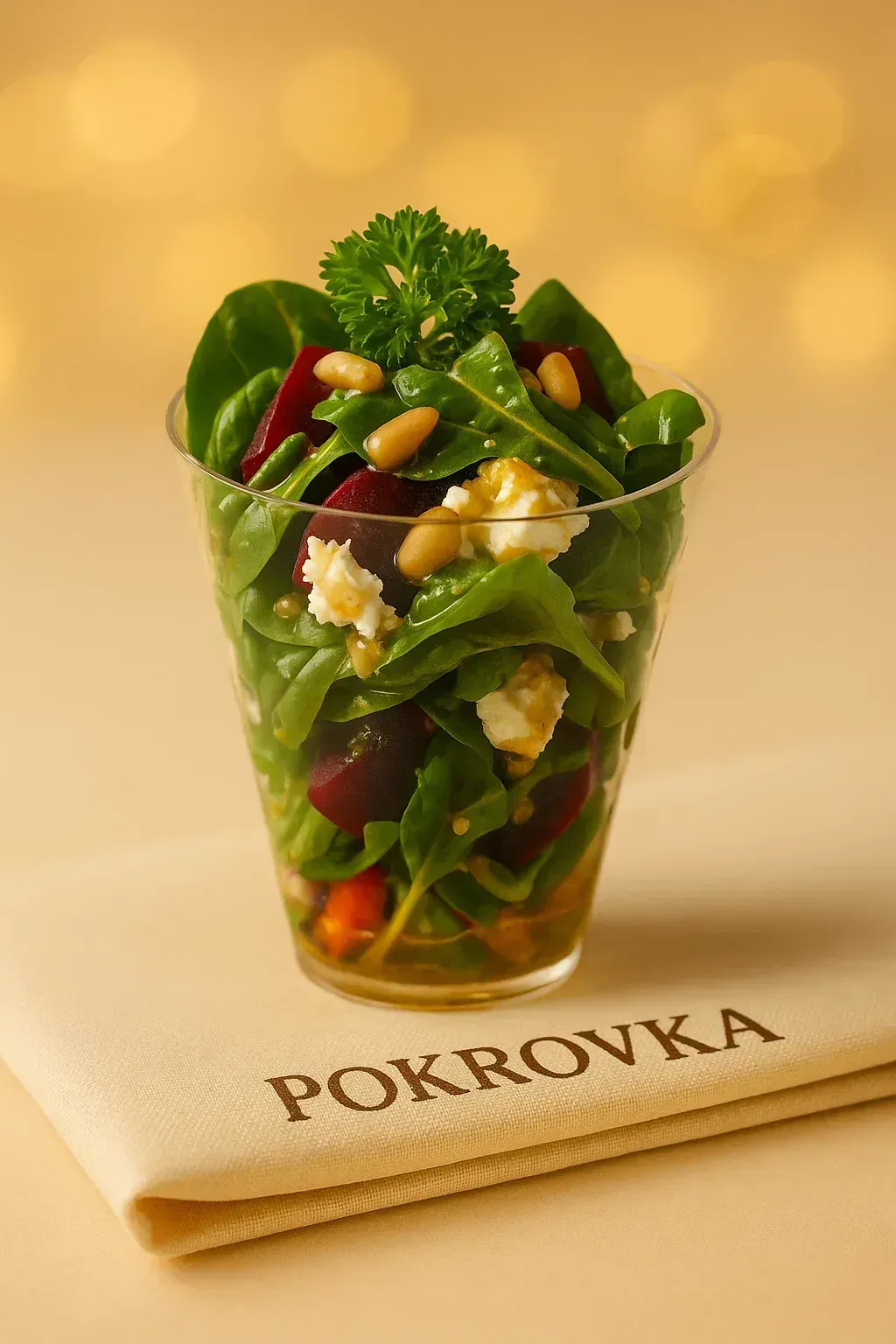Салат с козьим сыром, кедровыми орешками и медово-горчичным соусом